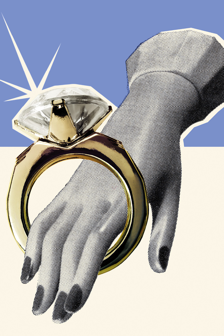 LINKEDIN2 ilustração retrô de mão de mulher com anel gigante de diamantes