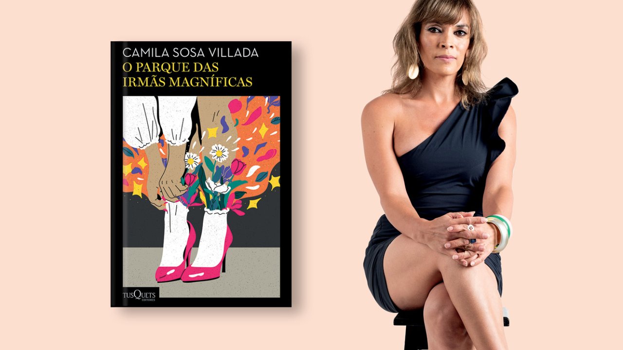 Camila sentada num banco e, ao lado, a capa do livro