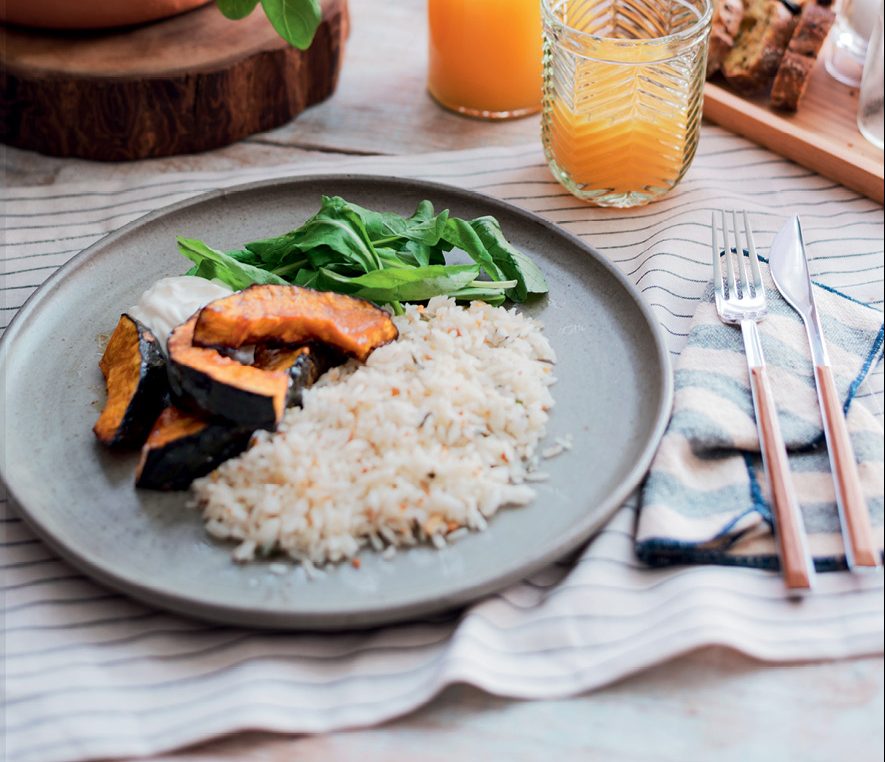 Arroz de gengibre tostado com abóbora ao missô