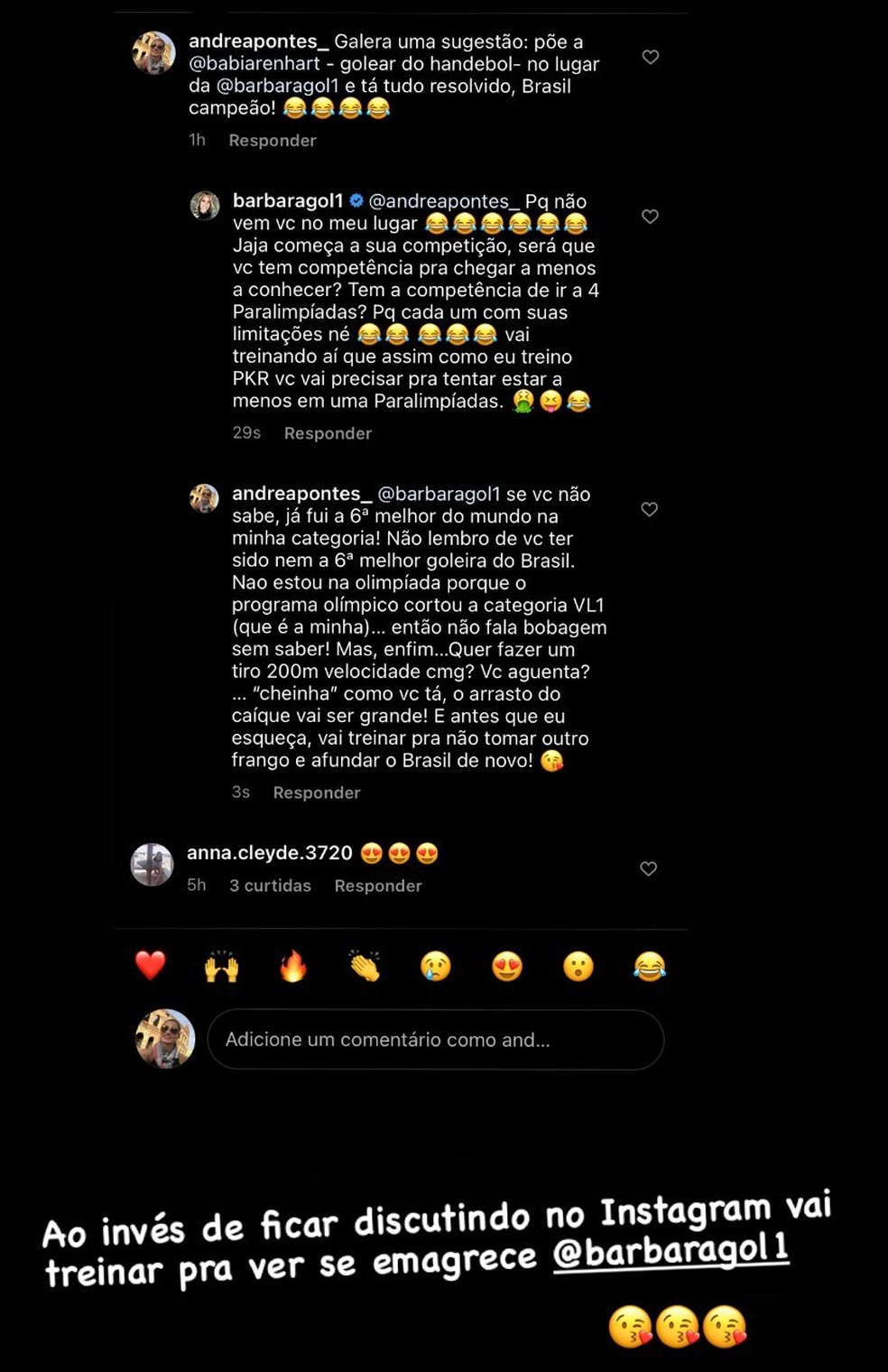 andrea-pontes-barbara comentários de Andrea Pontes e Bárbara no Instagram