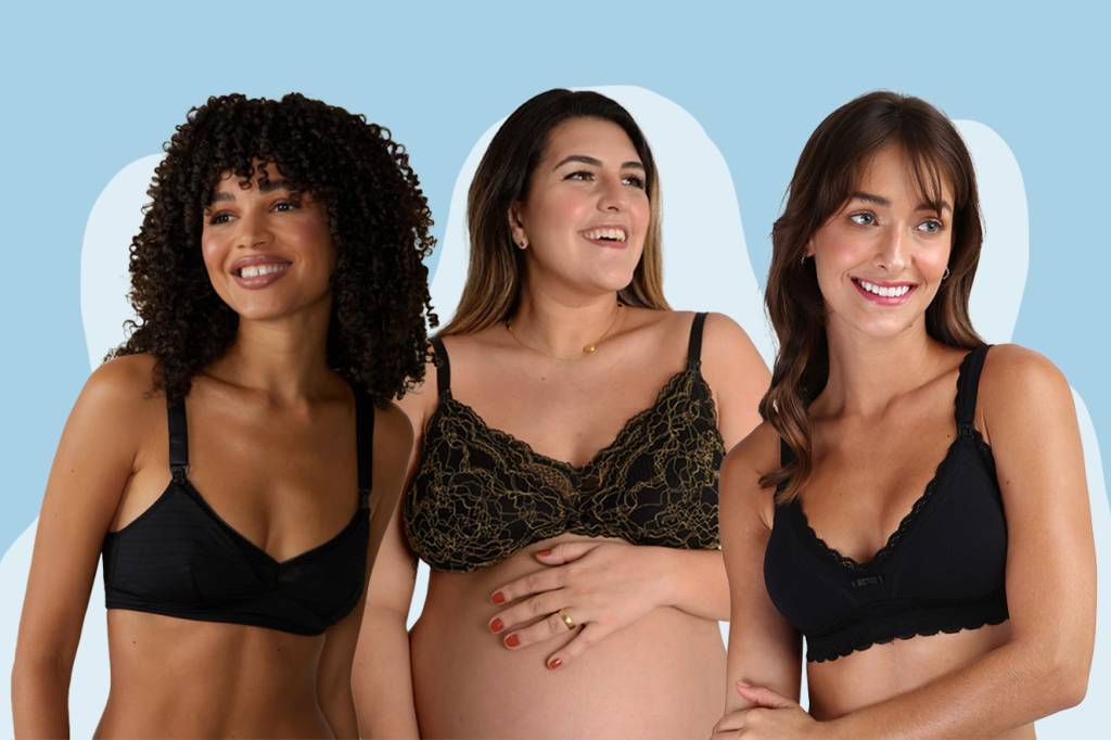 Três moças sorridentes usando sutiã materno de cor escura.