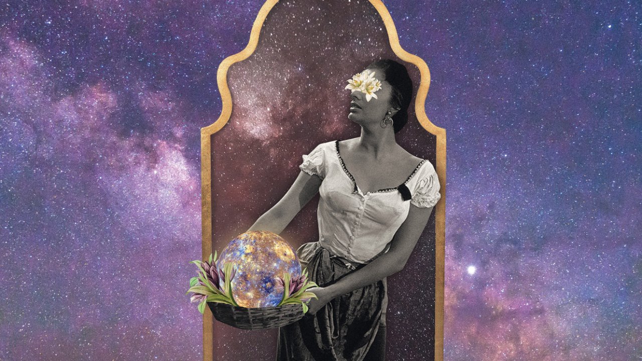 colagem de mulher carregando flores com fundo de galáxia
