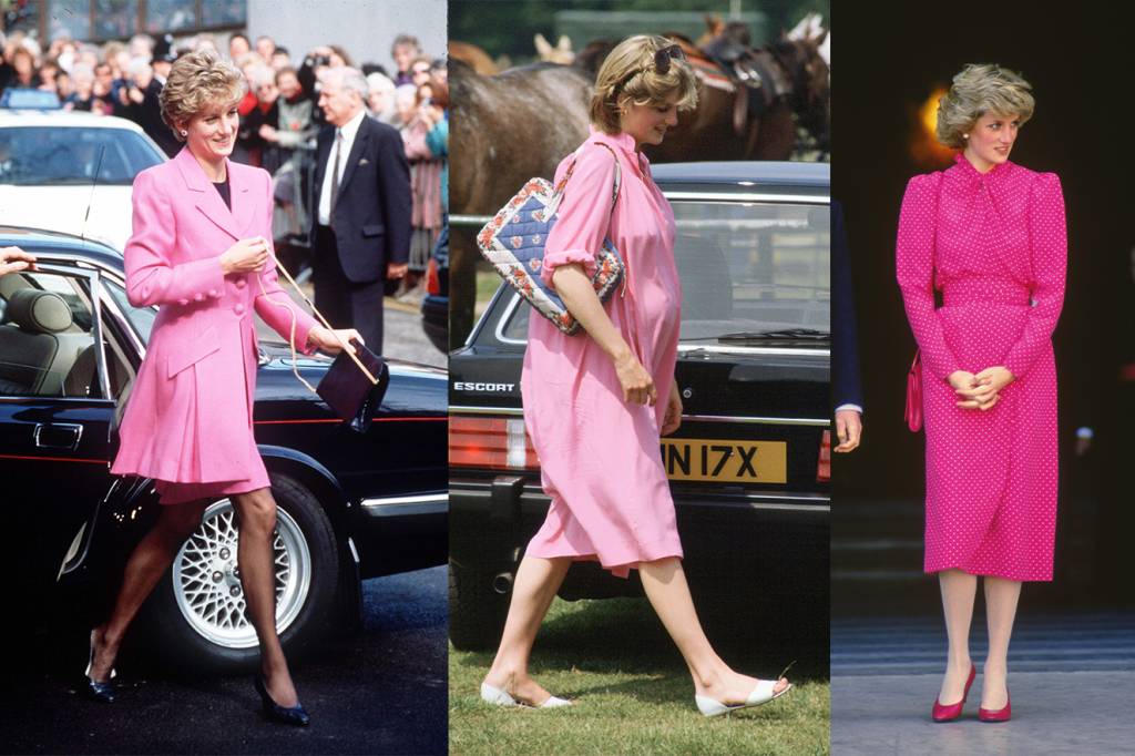 Pink Diana 1 Três imagens da Princesa Diana de cabelo curto e com peças de roupa rosa.