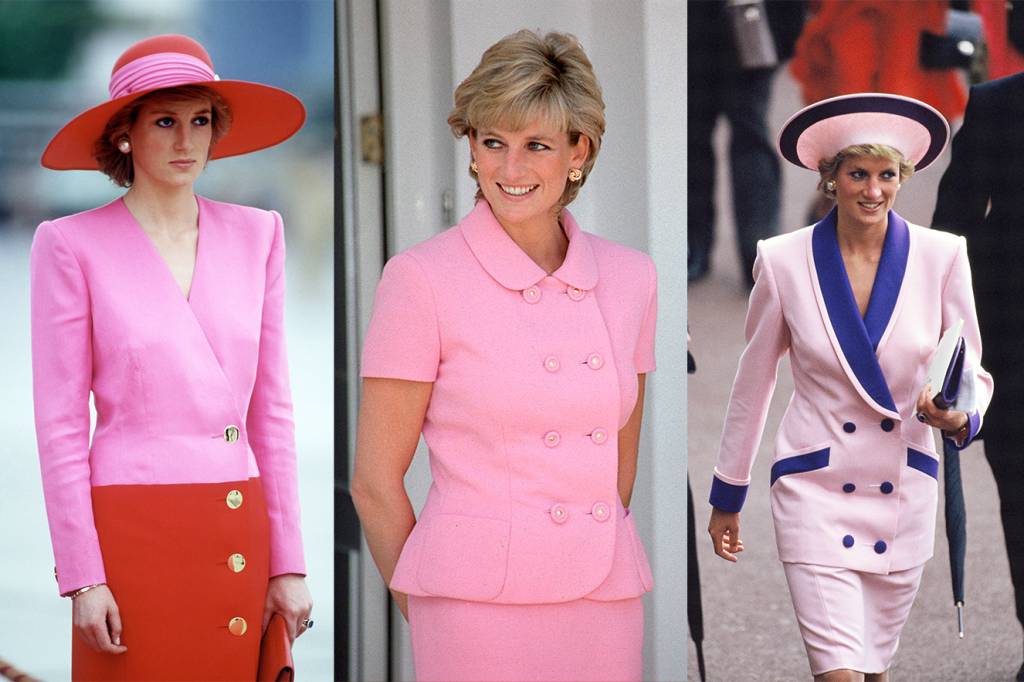 Pink Diana 3 Três imagens da Princesa Diana de cabelo curto e com peças de roupa rosa.