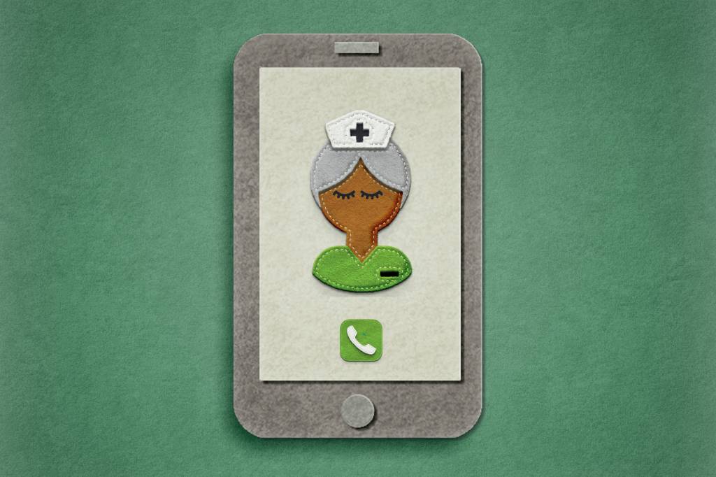 como-usar-TELEMEDICINA-mulheres-1 celular de feltro com enfermeira desenhada