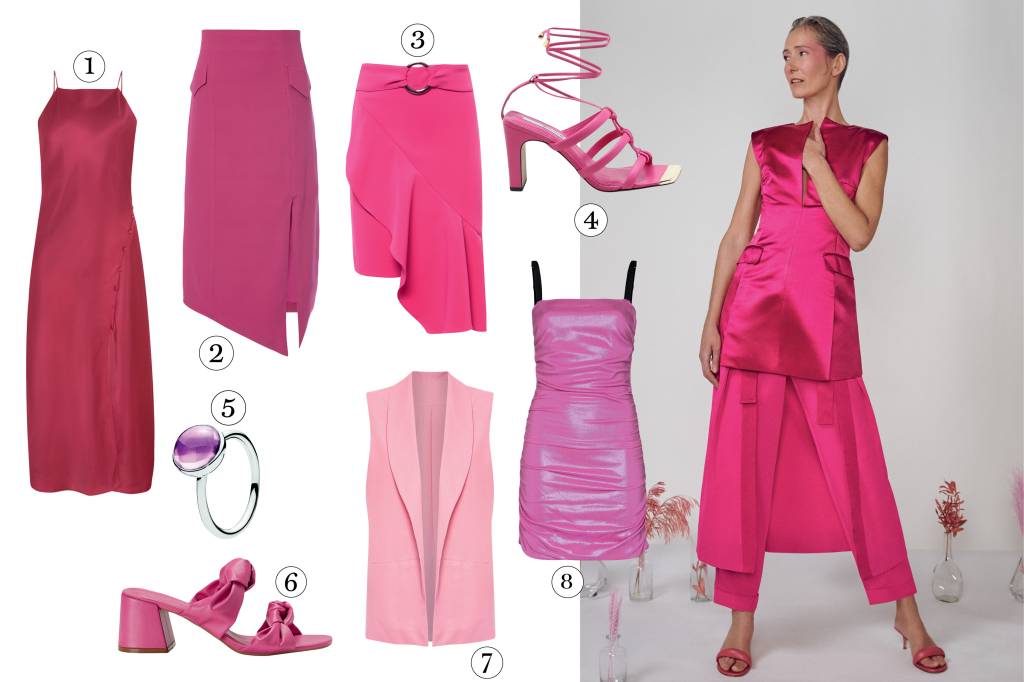 MONTE O LOOK (5) modelo com roupas rosas e peças cor de rosa