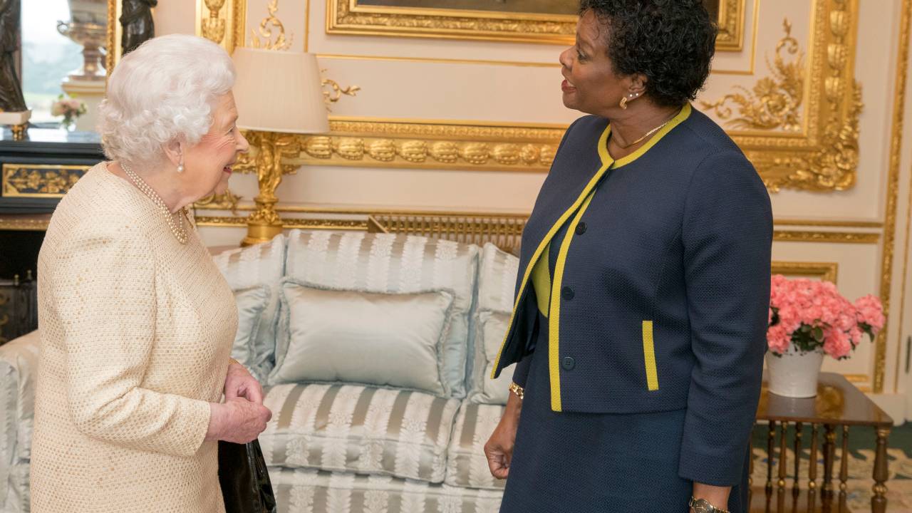 LONDON, UNITED KINGDOM - MARCH 28: Queen Elizabeth II receives Governor-General of Barbados Dame Sandra Mason during a private audience at Buckingham Palace on March 28, 2018 in London, England. (Photo by Steve Parsons - WPA Pool/Getty Images)