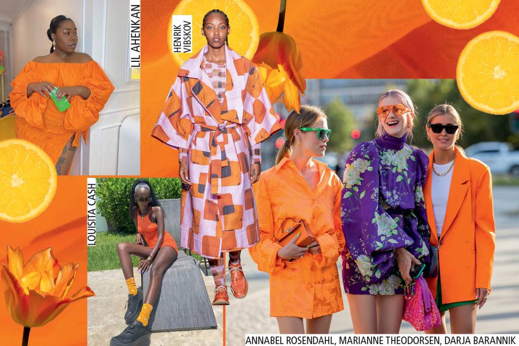 vitrine laranja3 Fotos tulipas, undefined undefined/Getty Images; laranjas, Lew Robertson/Getty Images; Annabel Rosendahl, Marianne Theordorsen, Darja Barannik, Sonya Lyson e Idalia Salsamendi, Christian Vierig/Getty Images; Proenza Schouler, Victor Virgile/Getty Images; Louisita Cash, Lin Akenkan, Rocky Barnes, Instagram/Reprodução; peças, divulgação