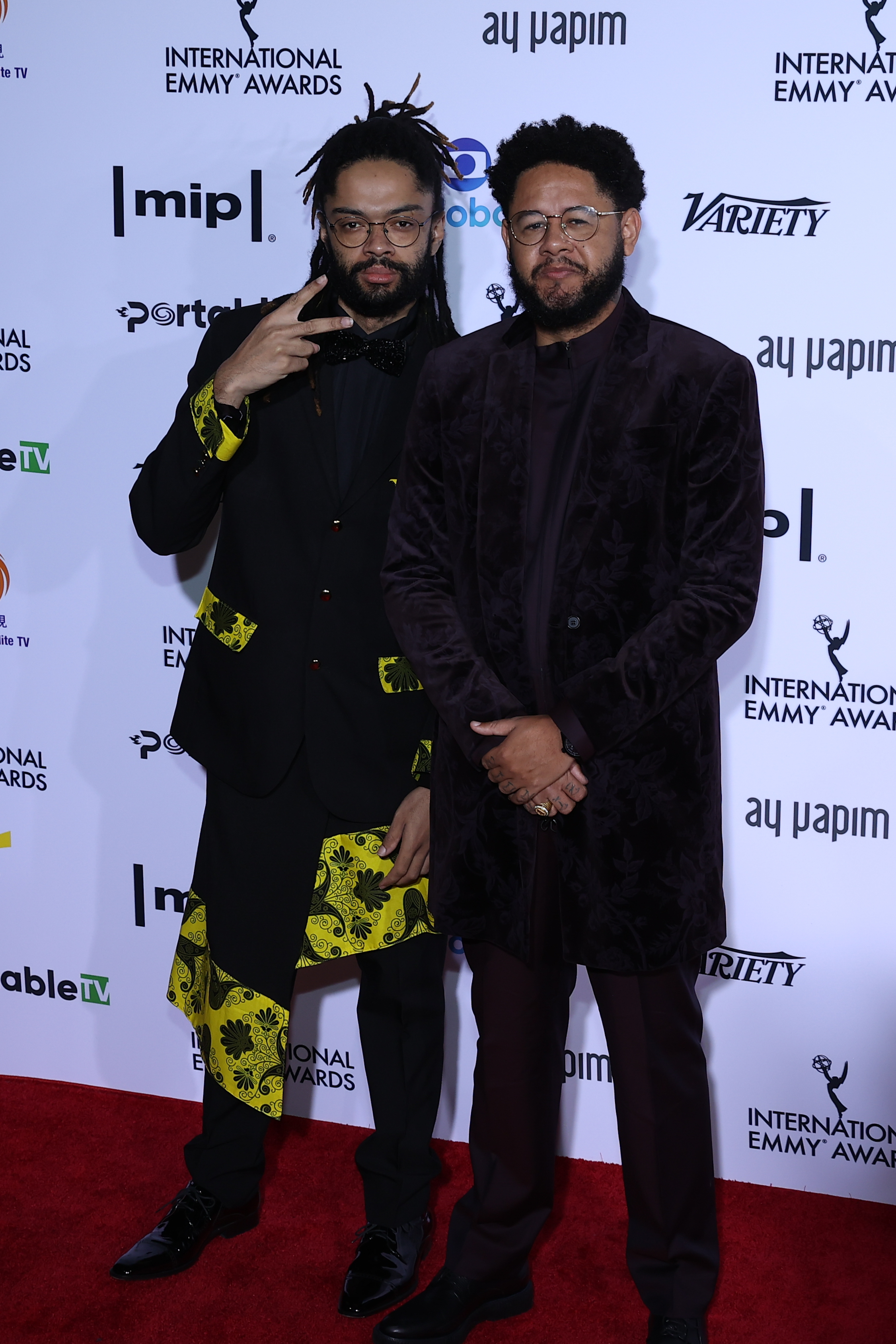 NEW YORK, NY - NOVEMBER 22: Nominees, Emicida: AmarElo - &Atilde; Tudo Pra Ontem [Emicida: AmarElo - It's All For Yesterday]- from Brazil, Director Emicida, Producer Fi&Atilde;&sup3;ti (R). 49th International Emmy Awards held at an in-person Black-Tie Gala event in New York City, United States on November 22, 2021. (Photo by Tayfun Coskun/Anadolu Agency via Getty Images)