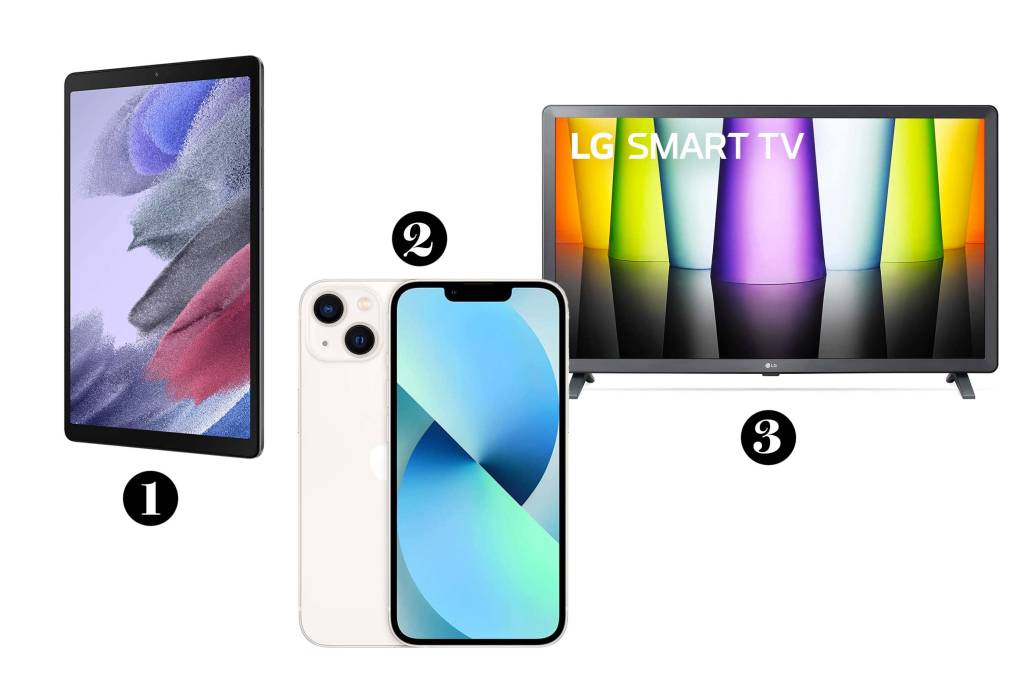 prime-day-2022-eletronicos Galaxy Tab, Apple iPhone 13 e Smart TV LG.