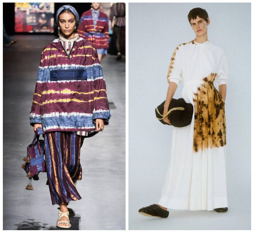 Tie Dye na moda Coleções de Christian Dior e Poenza Schouler incorporaram a técnica de tingimento orgânico.