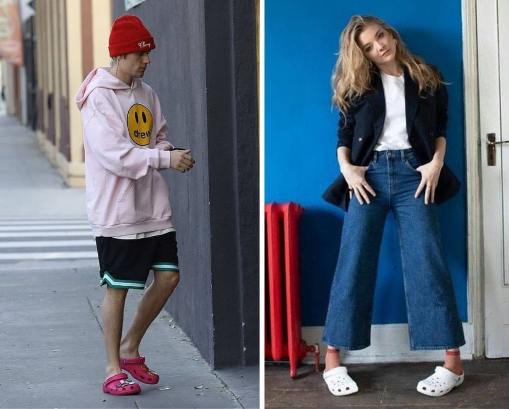 Crocs famosos Justin Bieber já foi fotografado com diferentes cores da peça. Ao lado, a atriz Natalie Dormer combinou Crocs com calça jeans e blazer.