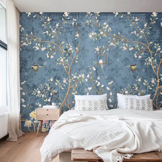 papel-parede-floral-azul papel de parede floral azul no quarto