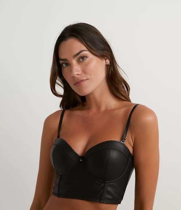 Sutiã Corset Em Material Sintético Com Bojo Bolha E Renda Nas Costas Preto