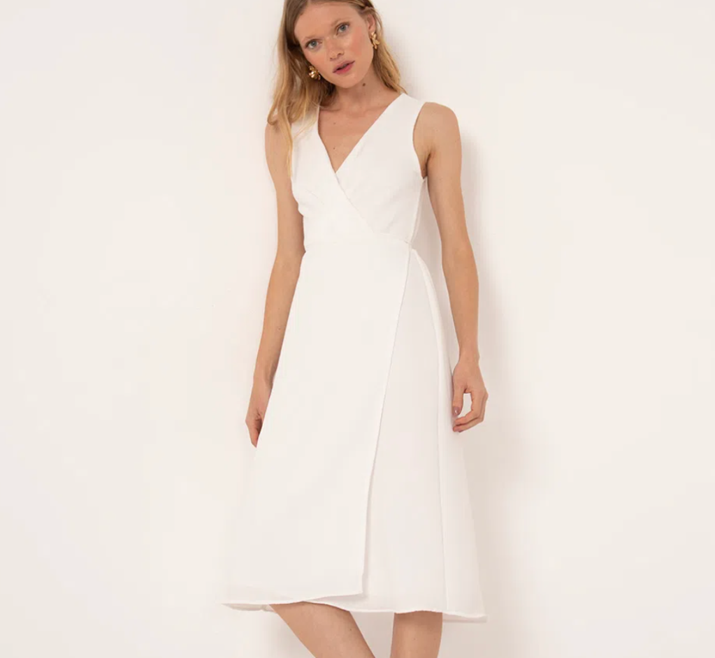 vestido midi decote v transpassado off white