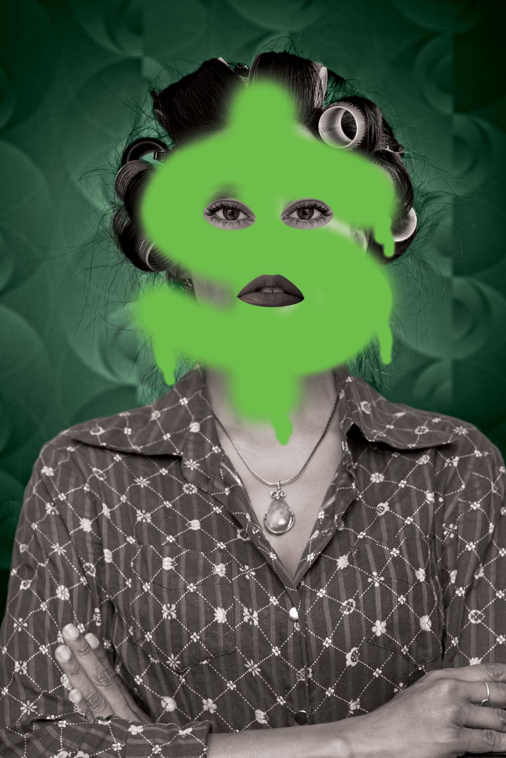 Greenwashing Mulher com um $ pichado em seu rosto