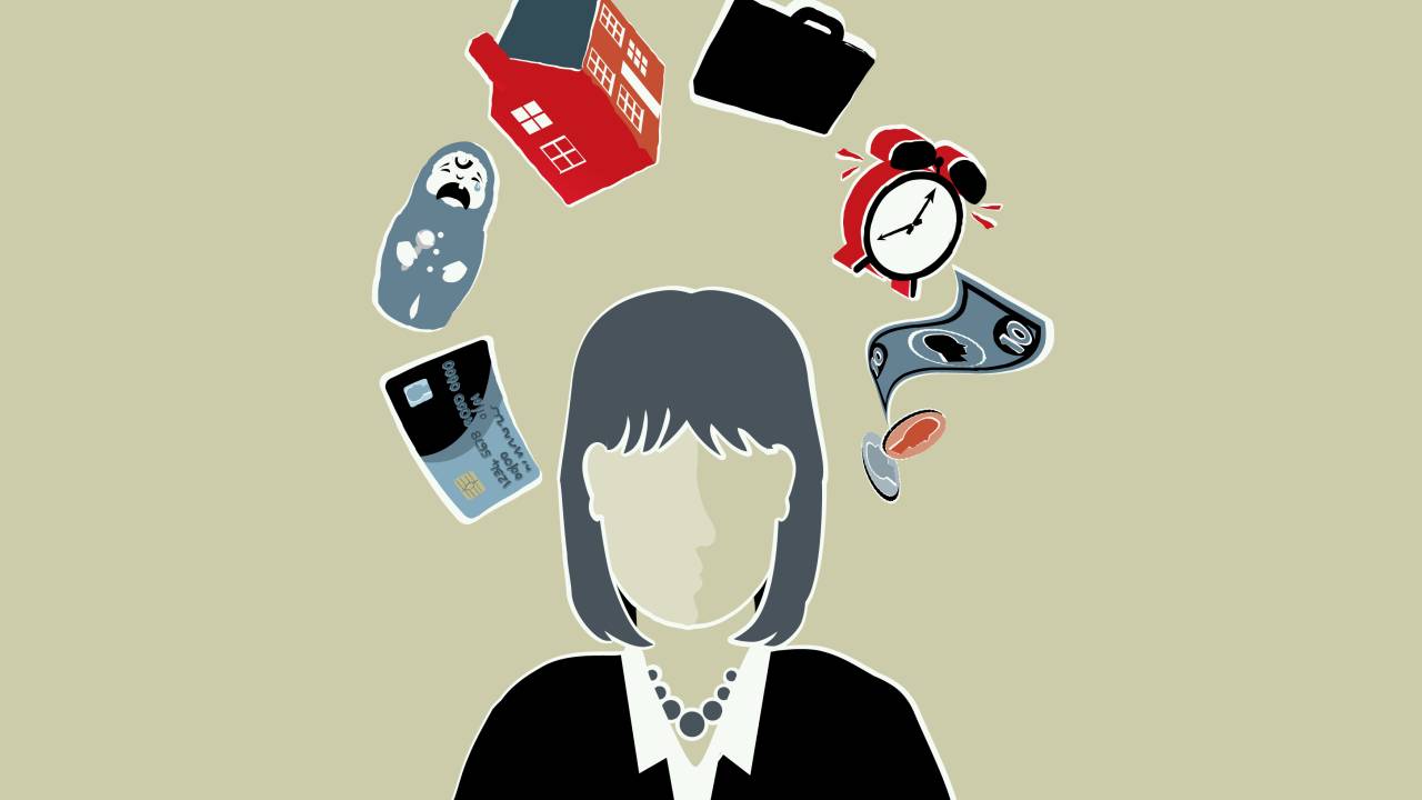 Ilustração de uma mulher pensando em vários aspectos de sua vida.