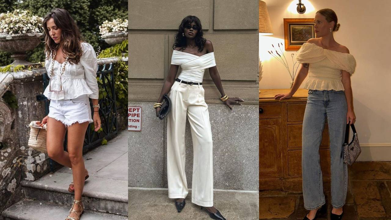 Três mulheres usando looks diferentes com blusa drapeada