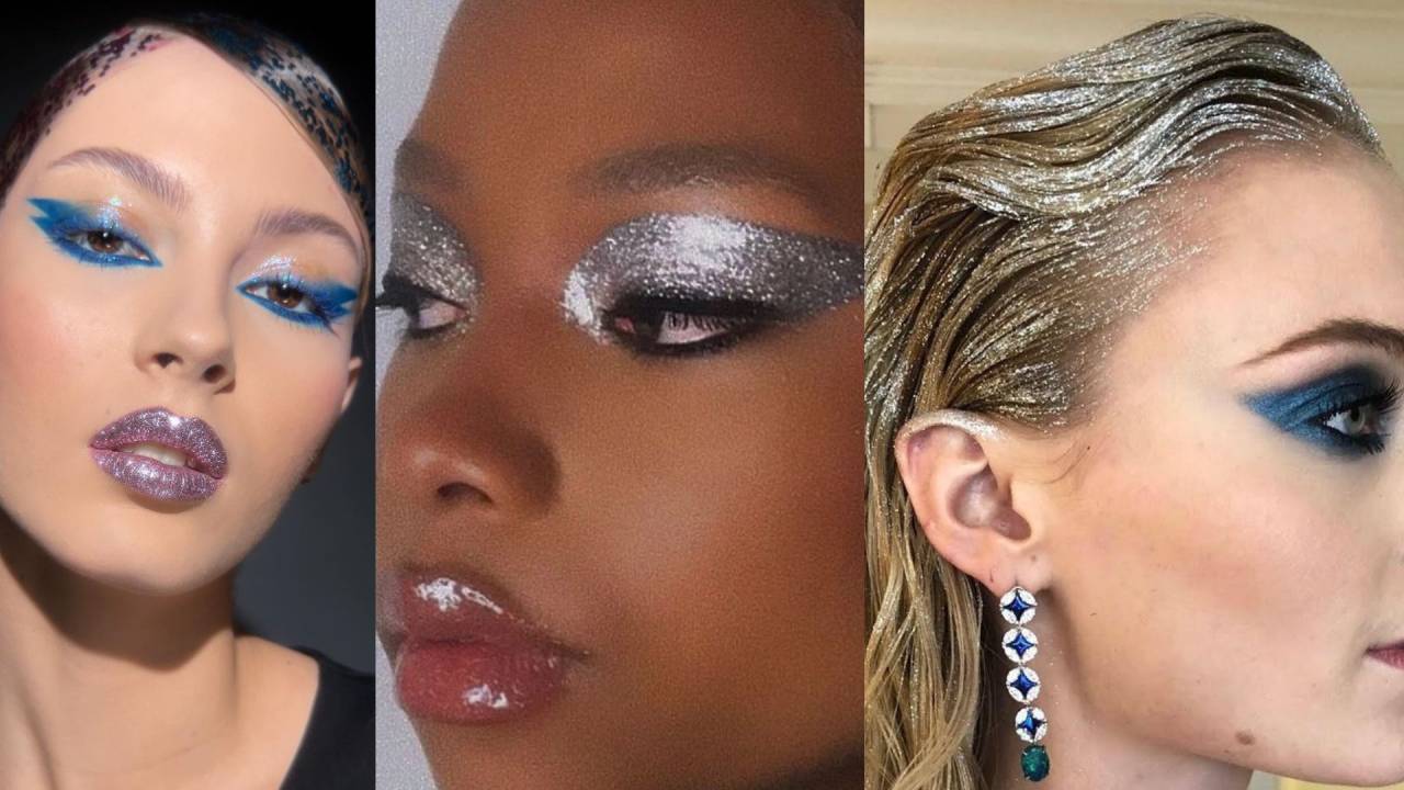 Glitter nos lábios, olhos e cabelo em três modelos diferentes