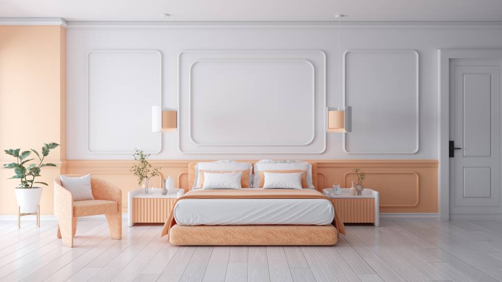 Peach fuzz room ,minimal luxury bed room interior ,king size bed with peach armchair ,peach color paint wall. color of the year 2024 , 3d render Peach fuzz room ,minimal luxury bed room interior ,king size bed with peach armchair ,peach color paint wall. color of the year 2024 , 3d render