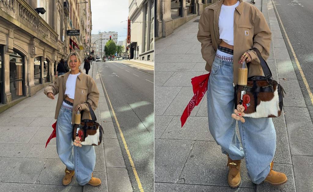 Para dias de ousadia, calça baggy deixando a roupa de baixo à mostra