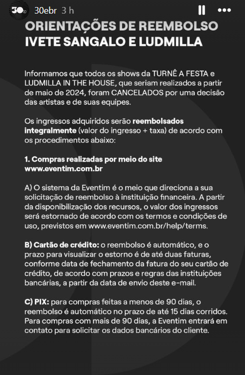 As regras para reembolso das turnês de Ivete Sangalo e Ludmilla divulgadas pela 30e