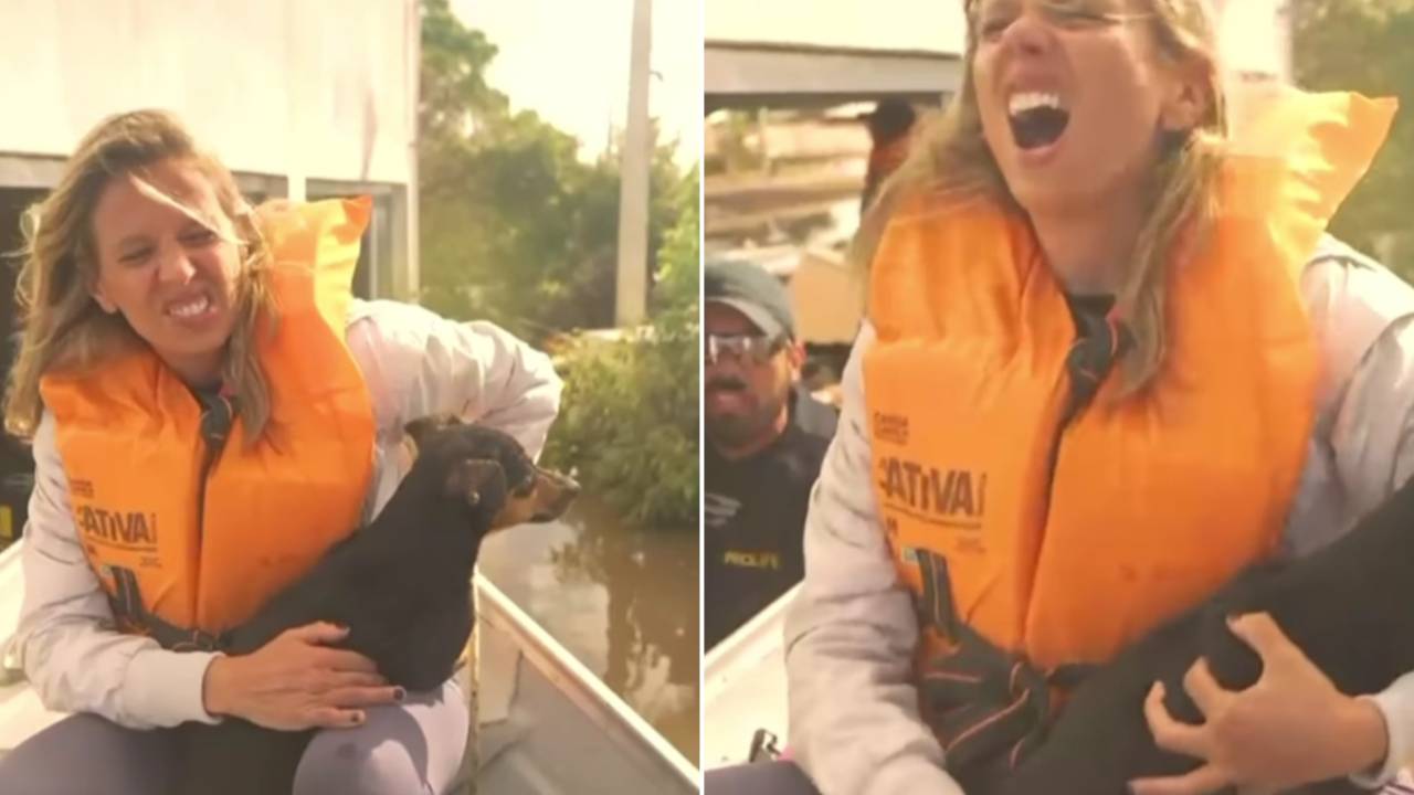 O momento em que Luisa Mell sente dor pelas duas costelas quebradas durante resgate a animais nas enchentes do Rio Grande do Sul