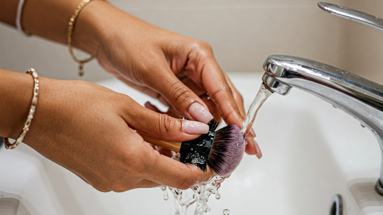 Pessoa limpando pincel de maquiagem.