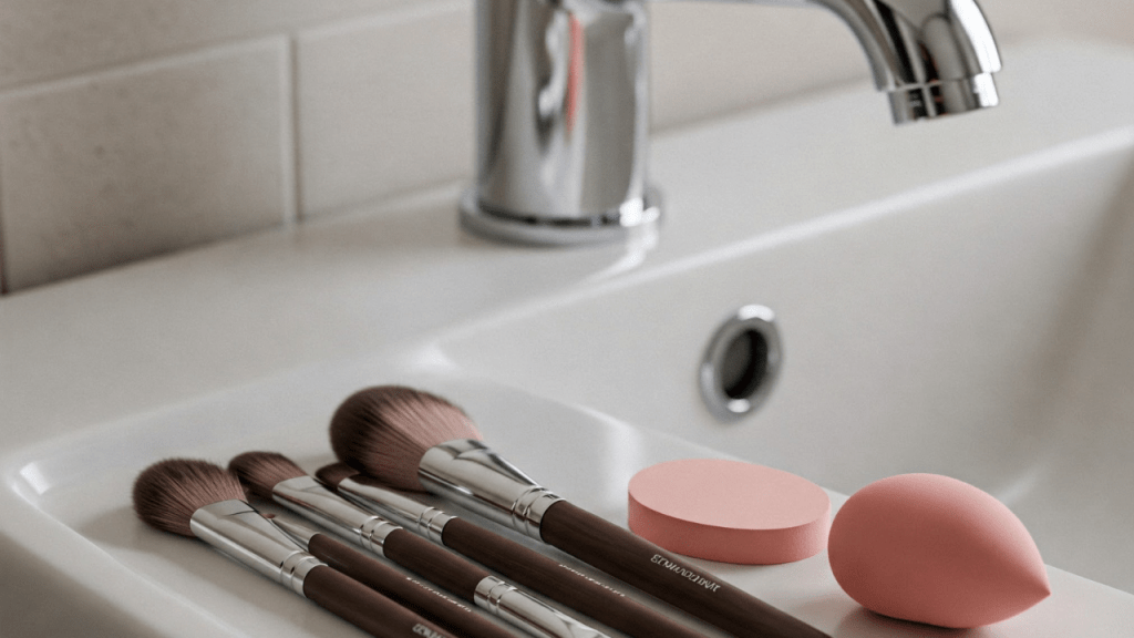 Pincel de maquiagem e esponja prontos para serem lavados.