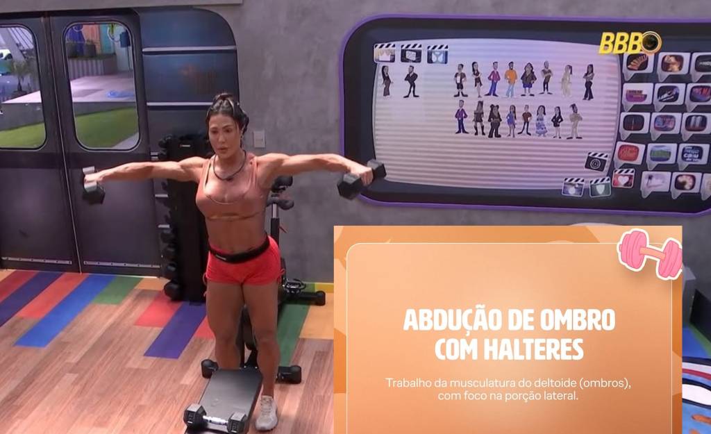 gracyanne-barbosa-treinos-abdominal-ombro-halteres Gracyanne Barbosa fazendo abdução de ombros com halteres na academia do BBB 25