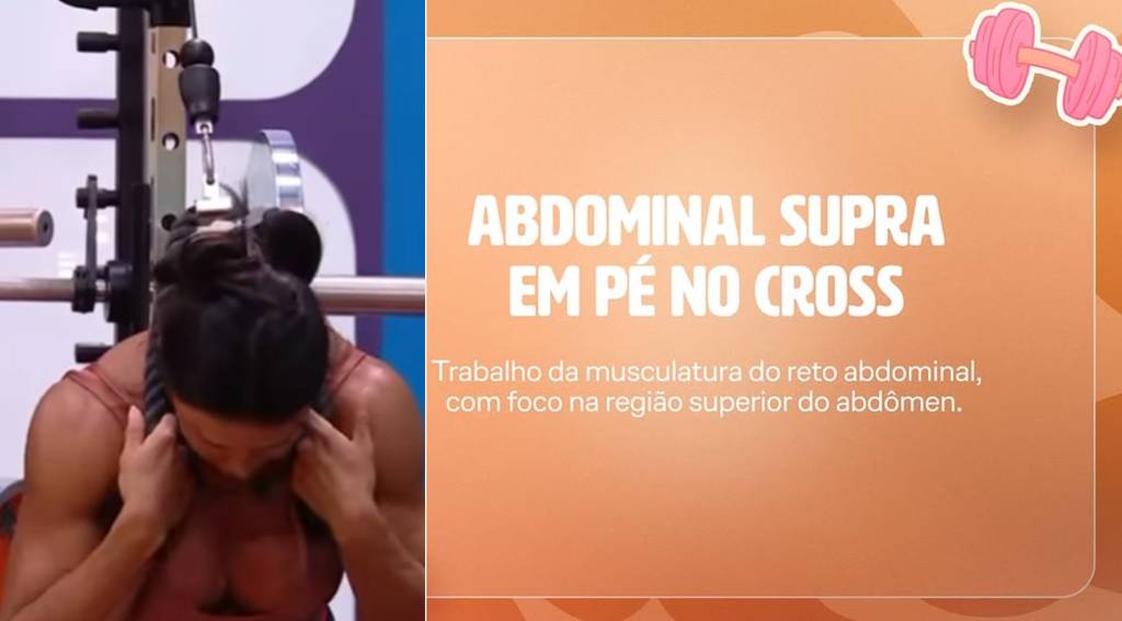 gracyanne-treino-flexao-abdominal-supra-cross Gracyanne Barbosa fazendo abdominal supra em pé no cross na academia do BBB 25