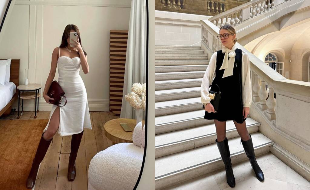 5 looks delicados e elegantes com vestido e bota de cano alto