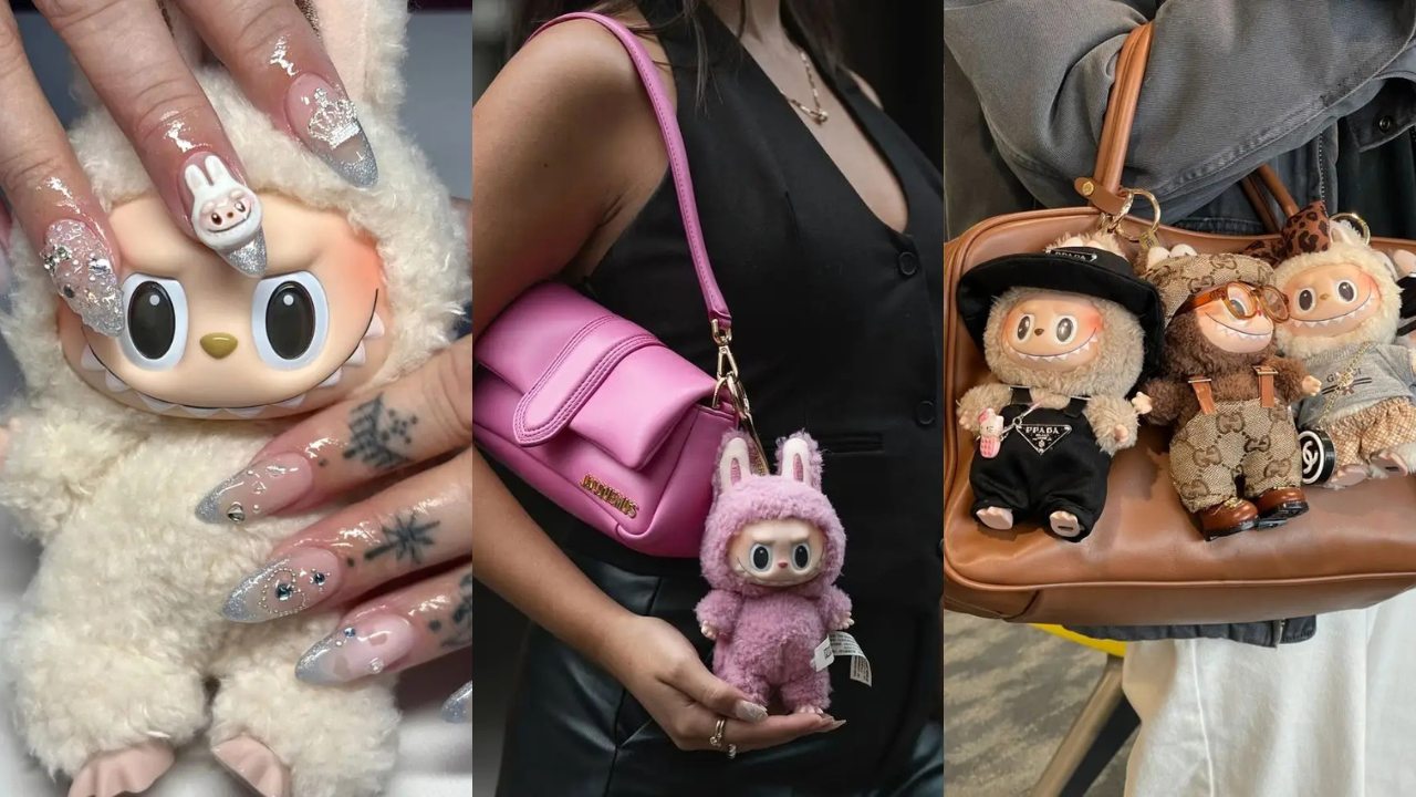Colagem com três imagens: à esquerda, nail art de labubu. No centro, bolsa rosa com labubu. À direita, bolsa marrom com labubu.