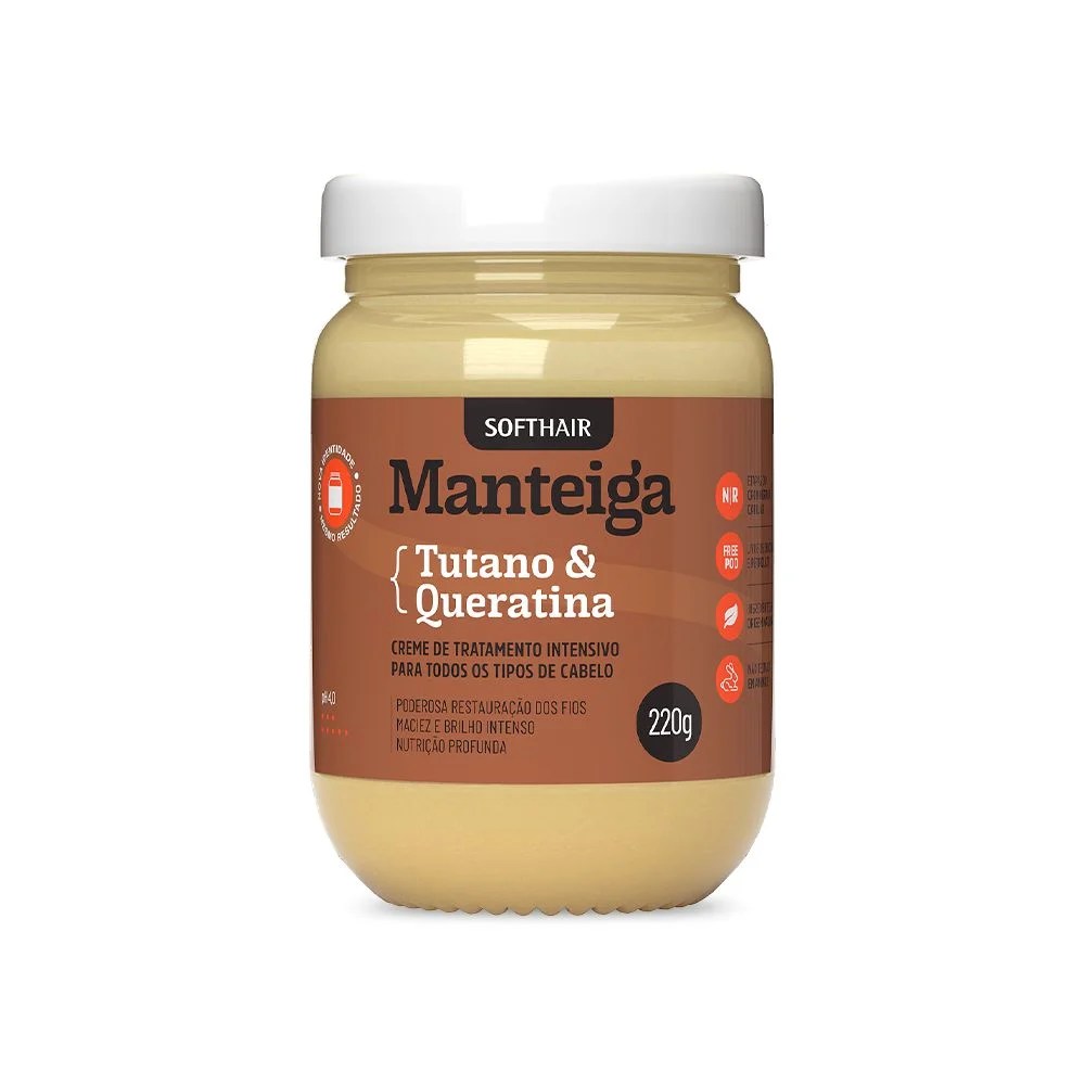 manteigas-capilares-3 Embalagem de manteiga capilar da marca Soft Hair. Ela é transparente e marrom, com laranja.