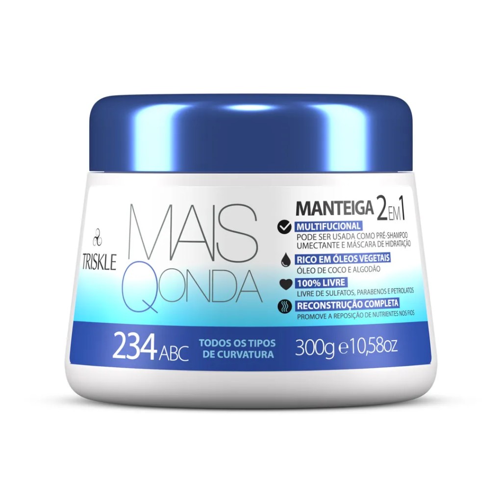 manteigas-capilares Embalagem de manteiga capilar da marca Triskle. Ela é branca com detalhes em azul