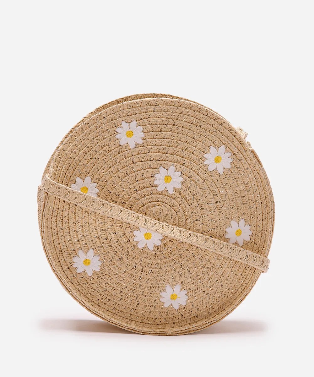 Bolsa de palha redonda com flores