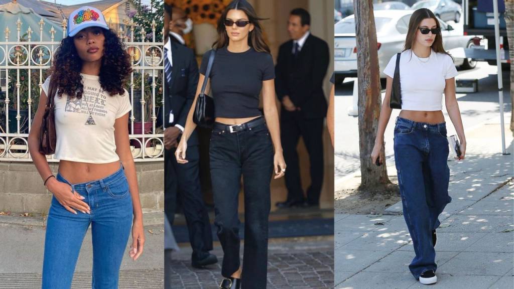 calça-cintura-baixa (2) Imagens de três mulheres vistas de frente com calça de cintura baixa e blusa no estilo baby tee