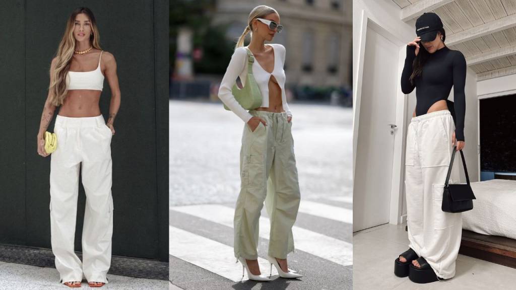 calça-cintura-baixa (3) Imagens de três mulheres com calça de cintura baixa em diferentes tecidos