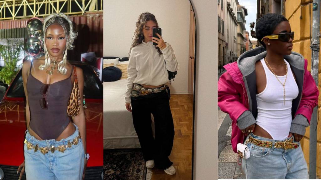 calça-cintura-baixa (4) Três imagens de mulheres usando calça de cintura baixa com cintos diferentes