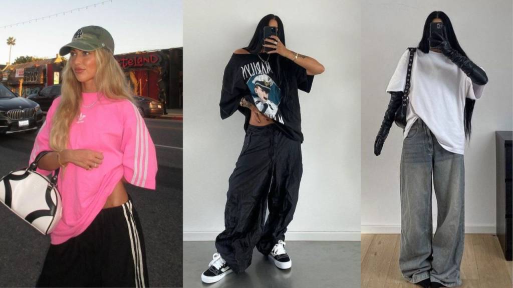 calça-cintura-baixa (5) Três imagens de mulheres usando calça de cintura baixa com camiseta estilo oversized