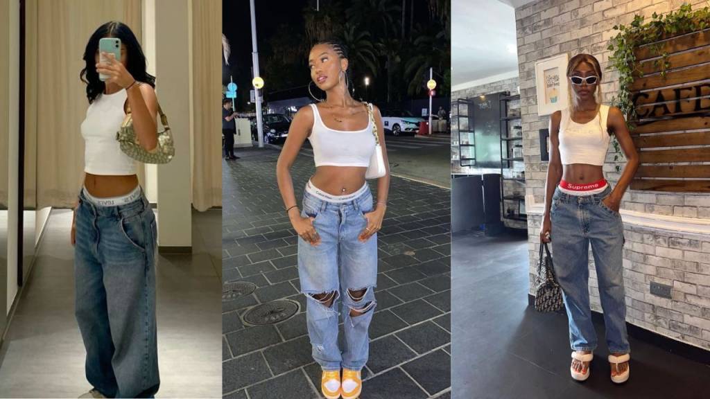 calça-cintura-baixa (6) Três imagens de mulheres usando calça de cintura baixa com calcinha a mostra