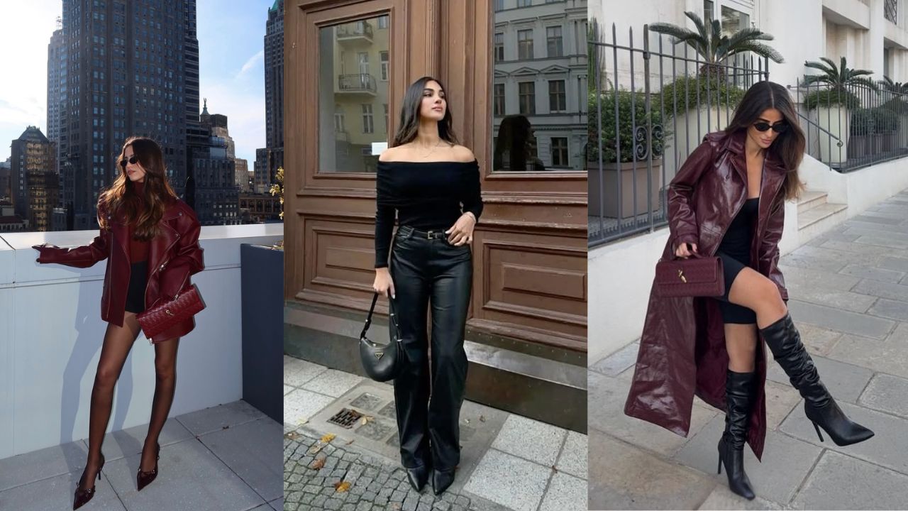 Tr&ecirc;s imagens de mulheres usando pe&ccedil;as de roupa em couro