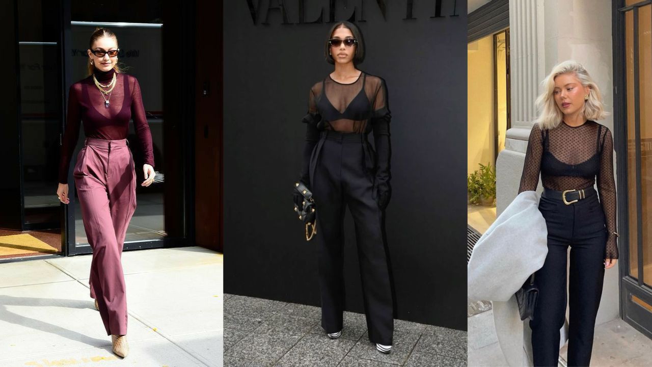 Tr&ecirc;s imagens de mulheres vestindo pe&ccedil;as de roupa com transpar&ecirc;ncia