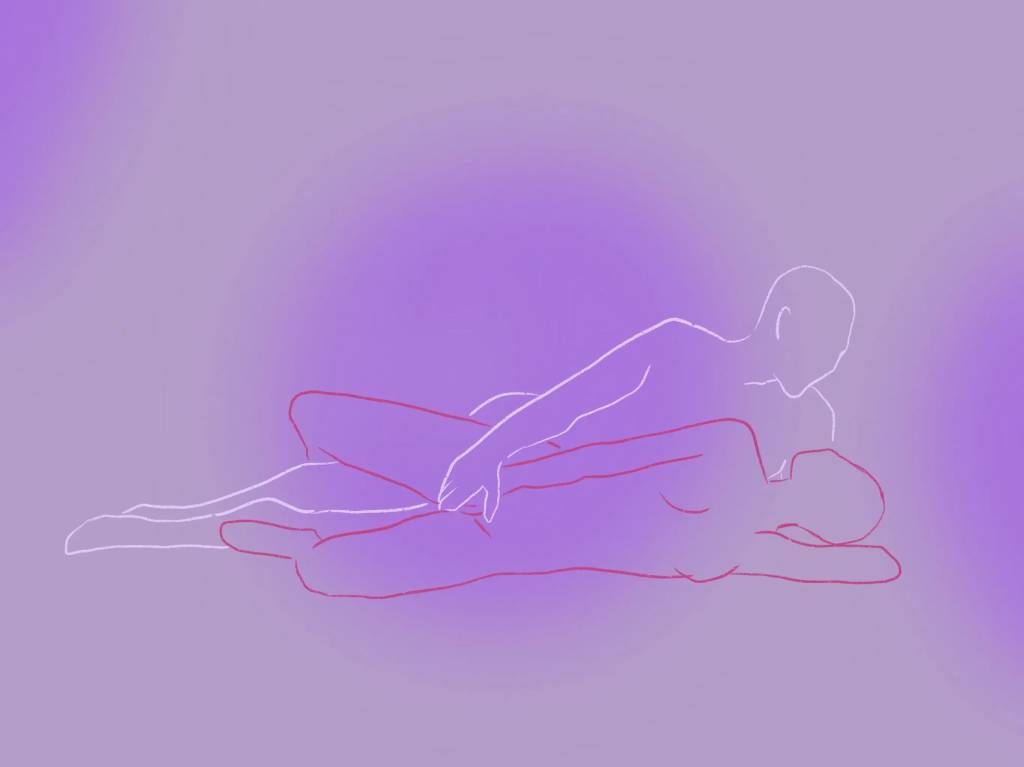 Ilustração de um casal fazendo a posição sexual de ladinho