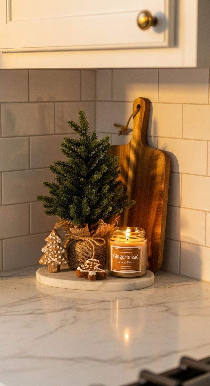 Mini arvore de natal com vela e pinhas na bancada da cozinha