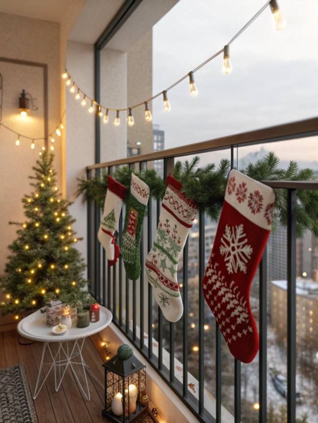 Varanda decorada com luzes, &aacute;rvore e com meias de Natal