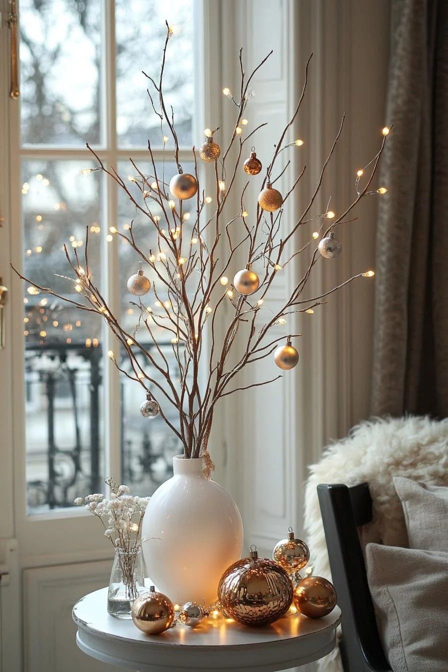 Imagem de vaso de flores com bolas de natal.