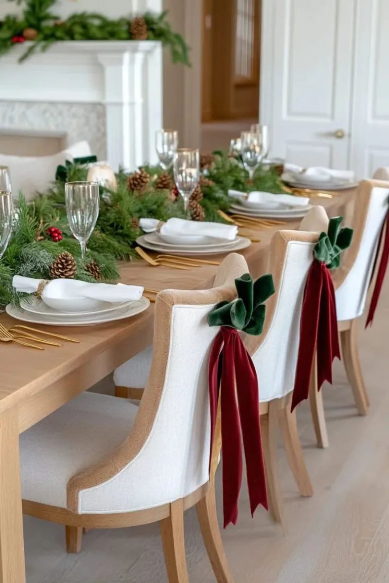 La&ccedil;os amarrados em cadeiras em sala de jantar com decora&ccedil;&atilde;o natalina.