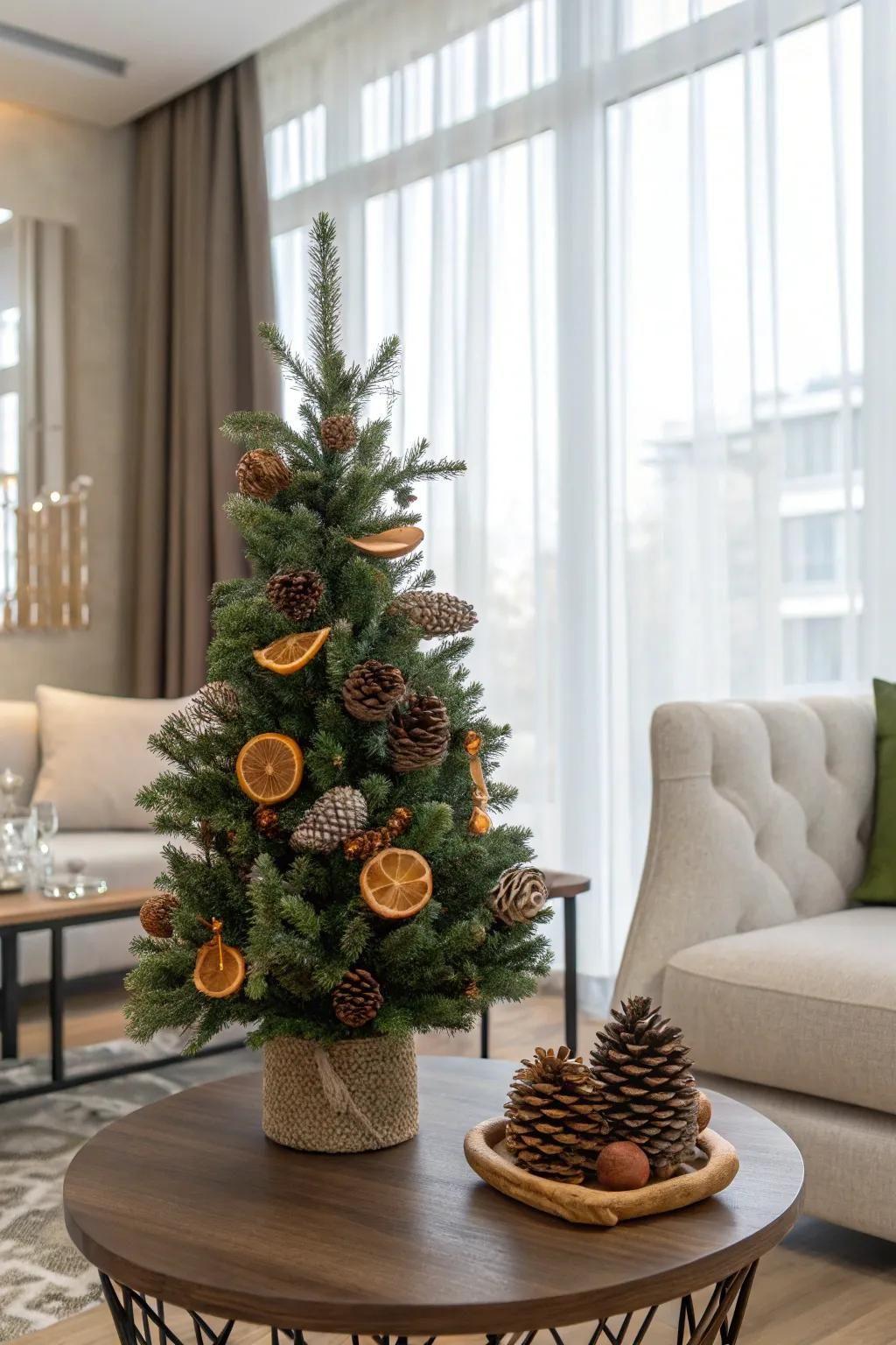 Mini arvore de natal decorada com elementos naturais, como laranja