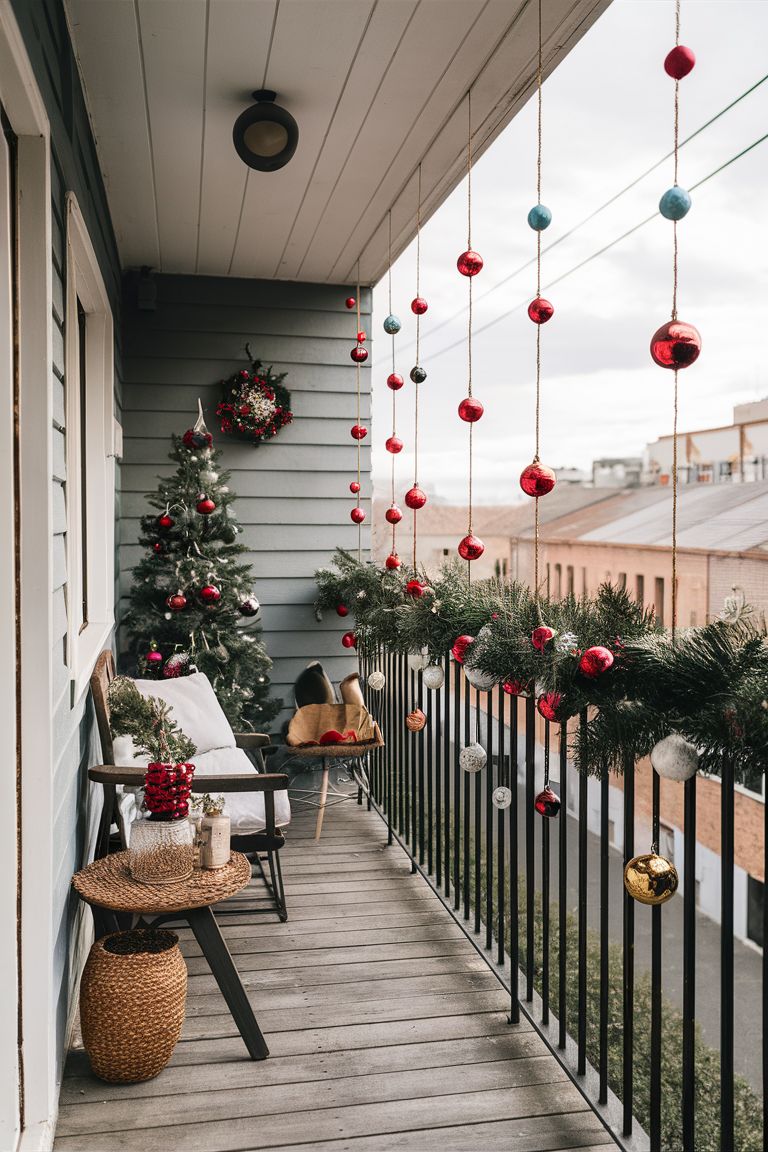 Varanda decorada para o natal com bolas e fest&otilde;es